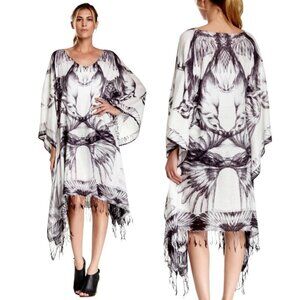 Theodora & Callum Caftan Dress One Size Beach Cover-Up Bird Printed Fringe Boho